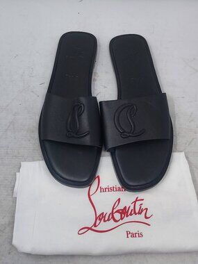 Christian Louboutin Black Flat CL Logo Mule Slide Sandal